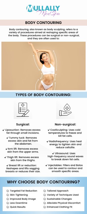 Body contouring is a non-invasive procedure designed to reshape and tone areas of the body. It targets stubborn fat and enhances body contours, helping you achieve a more sculpted and confident appearance. Come to Mullally MedSpa for minimally invasive body contouring treatments to contour and sculpt your body and diminish unwanted fat pockets. Contact us today for more information or schedule an appointment online. We are conveniently located at 11275 Delaware Pkwy Suite C, Crown Point, IN 46307.