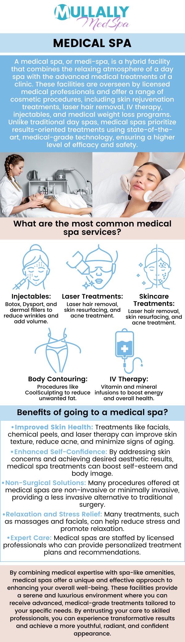 A med spa provides cosmetic medical services that encompass scientifically substantiated treatments, proven to yield outstanding outcomes. Among the available options at med spas, such as Mullally MedSpa, are light and laser treatments, injectables, and chemical peels. For more information, contact us or book an appointment online. We are conveniently located at 11275 Delaware Pkwy Suite C, Crown Point, IN 46307.